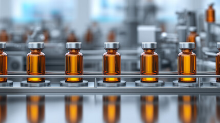 Bottles of amber liquid moving on a conveyor belt in a modern pharmaceutical production facility Generative AI