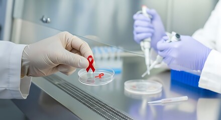 Scientists in laboratory working on hiv cure with red ribbon on petri dish
