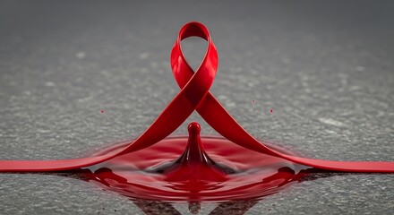 Red ribbon for hiv awareness campaign dripping into water on gray surface