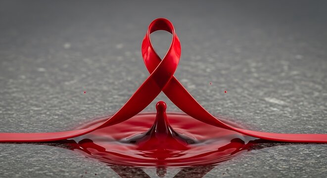 Red ribbon for hiv awareness campaign dripping into water on gray surface