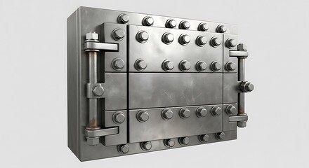 A heavy, fortified steel vault door, rendered with exceptional detail, featuring a robust construction of thick metal plates secured by numerous oversized industrial bolts and massive hinges.
