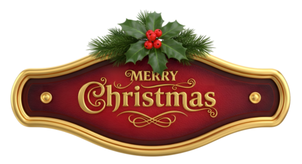 Merry christmas sign with golden border, holly, and pine needles