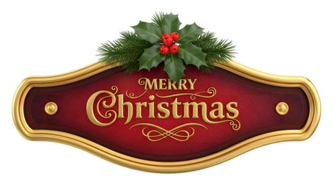 Merry christmas sign with golden border, holly, and pine needles