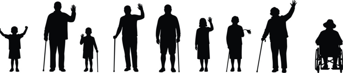 Silhouettes of people showing life stages from childhood to elderly age with walking sticks and wheelchair vector