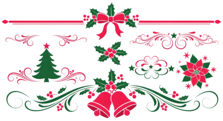A collection of christmas design elements including a christmas tree, bells, holly, poinsettia, bow, and decorative swirls in red and green
