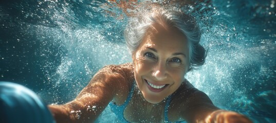 Active Senior Woman Enjoying Pool Exercise with Noodle in Sunlit Water