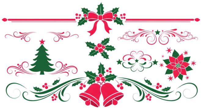 A collection of christmas design elements including a christmas tree, bells, holly, poinsettia, bow, and decorative swirls in red and green - Powered by Adobe
