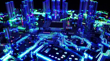 neon circuit cityscape of microchips, skyscraper capacitors and glowing traces form urban electronic skyline, aerial sweep reveals data traffic flowing along luminous pathways, simulation of network - Powered by Adobe