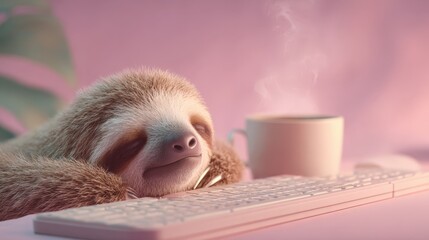 Obraz premium Adorable Sloth Resting on Keyboard with Coffee in Soft Pink Setting