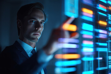 Businessman Engaging with Futuristic Digital Checklist Dashboard in Neon Light