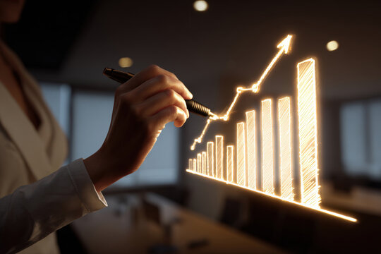 Businesswoman Drawing Glowing Chart in Meeting Room for Success Visualization