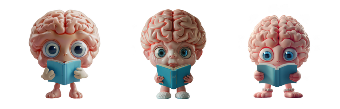 Three cute cartoon brains with big eyes reading a book - Powered by Adobe