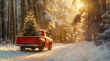 Cinematic side-view shot of a vintage red pickup truck driving on a snowy forest road with a decorated Christmas tree in the bed during golden hour