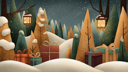 Cozy rustic winter illustration of a charming snow-covered forest with hanging lanterns and wrapped Christmas gifts on rolling snowdrifts