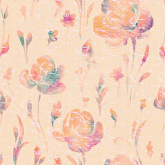 Seamless Vintage Floral Pattern with Multicolor Watercolor Flowers and Distressed Paper Texture, Retro Botanical Surface Design
