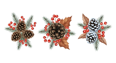 Three festive christmas floral arrangements with pine cones, red berries, and evergreen branches