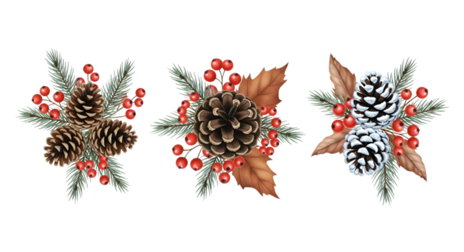 Three festive christmas floral arrangements with pine cones, red berries, and evergreen branches