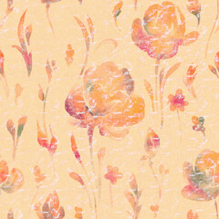 Seamless Vintage Floral Pattern with Watercolor Flowers and Distressed Paper Texture, Retro Botanical Surface Design, large