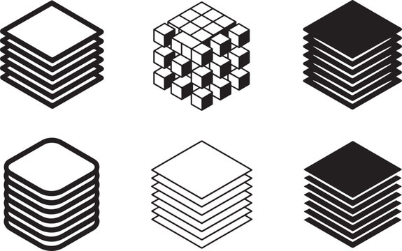 Isometric stacked layers symbols representing organization management systems or deep learning algorithms structure.