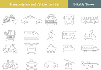 Transportation and Travel Icon Set | Car, Taxi, Bus, Train, Ship, Airplane, Scooter, Bicycle, Helicopter, Cable Car, Walking Line Icons