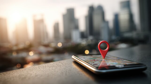 Close-Up of Mobile Phone with GPS Marker and Blurred City Skyline - Powered by Adobe