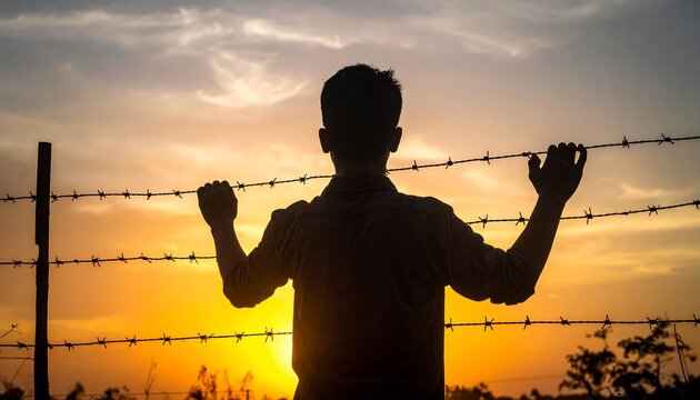 Silhouette of a man holding a barbed wire fence at sunset.