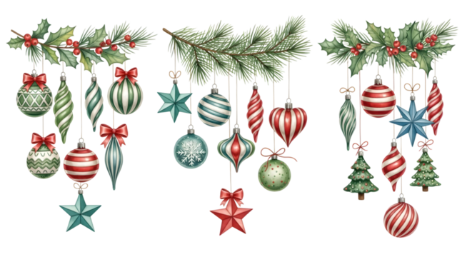 Collection of watercolor christmas ornaments and pine branch decorations hanging
