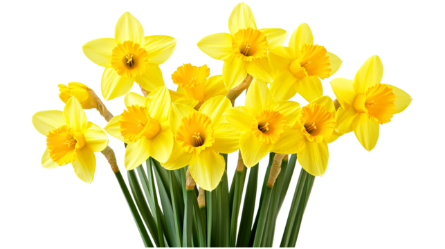 Bright yellow daffodil bouquet isolated on a transparent white background, clipping path