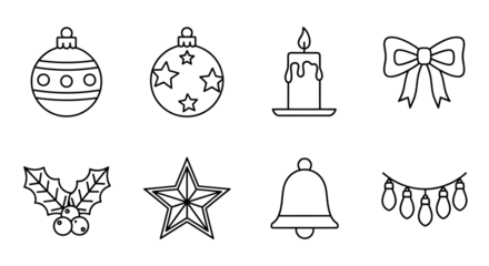 Set of black and white line art christmas icons