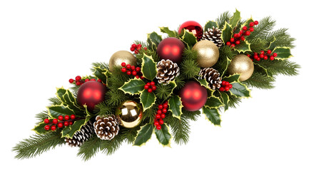 Christmas garland centerpiece with pine branches, holly leaves, red berries, pine cones, and red and gold baubles