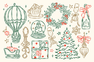 Christmas ornament doodles collection. Art for greeting cards, holiday invitations, poster design, postcards, branding, logo design, background.	