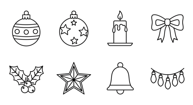 Set of black and white line art christmas icons