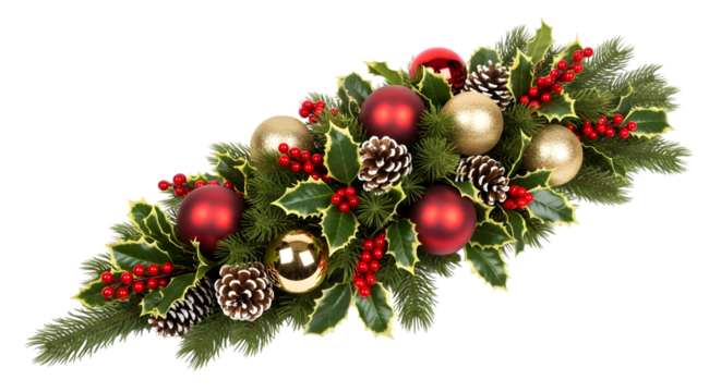 Christmas garland centerpiece with pine branches, holly leaves, red berries, pine cones, and red and gold baubles