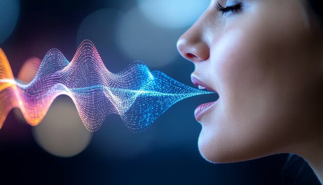 An artistic visualization of sound waves emanating from a woman's mouth, with close-up. Illustrating the science of sound and speech