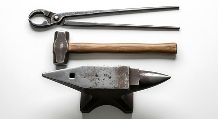  Classic blacksmith tools, including an anvil, hammer, and tongs, are meticulously arranged on a clean white background, viewed from directly above.