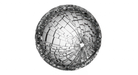 Abstract shattered glass sphere featuring radial cracks across its reflective surface, symbolizing fragility, damage, crisis, and breakthrough. isolated on transparent background