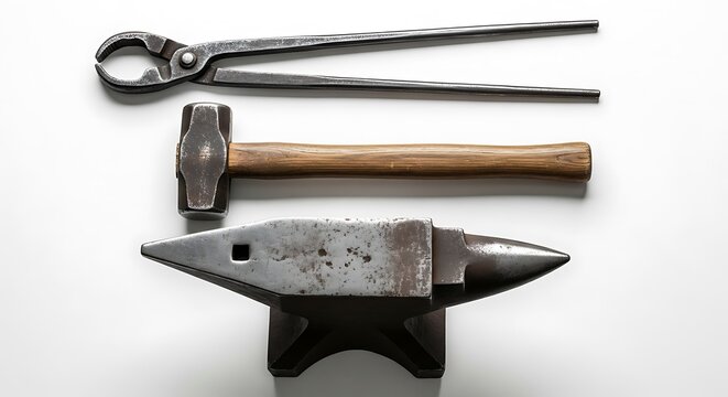  Classic blacksmith tools, including an anvil, hammer, and tongs, are meticulously arranged on a clean white background, viewed from directly above.