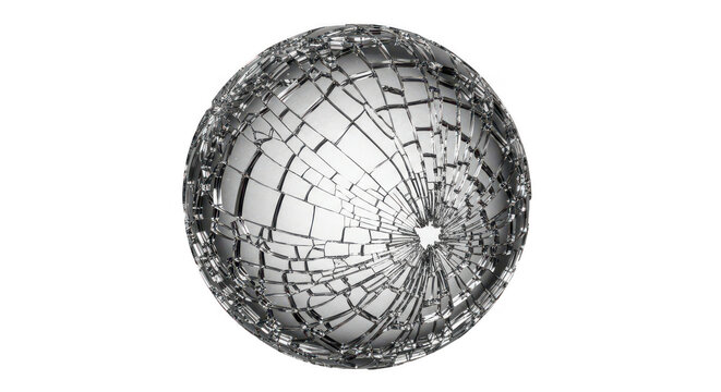 Abstract shattered glass sphere featuring radial cracks across its reflective surface, symbolizing fragility, damage, crisis, and breakthrough. isolated on transparent background