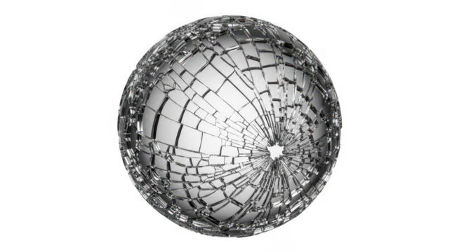Abstract shattered glass sphere featuring radial cracks across its reflective surface, symbolizing fragility, damage, crisis, and breakthrough. isolated on transparent background