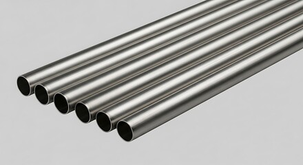 A neatly arranged bundle of polished, cylindrical stainless steel tubes, presented in a close-up, high-resolution studio shot with a subtle gradient background.