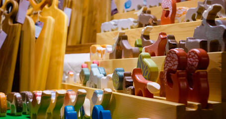Wooden toys display beautifully at the Christmas market, showcasing craftsmanship and creativity. These charming souvenirs make great gifts for families