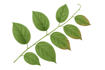Green plant branch with multiple leaves showing the natural process of wilting and drying on a transparent background