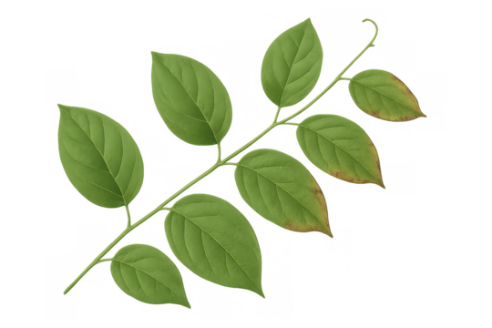 Green plant branch with multiple leaves showing the natural process of wilting and drying on a transparent background