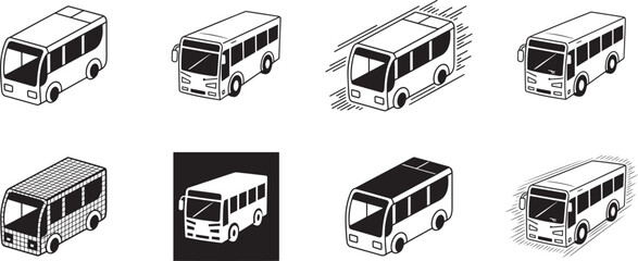 Set of isometric public transit bus vector illustrations with various styles on transparent background