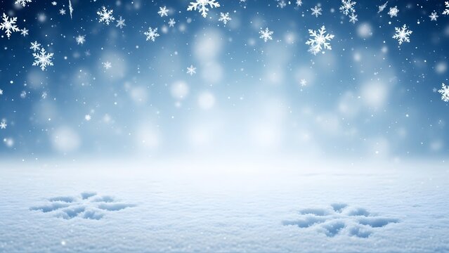 Falling Snowflakes on Blue Winter Background with Snow Covered Ground - Empty Space for Product Display and Seasonal Greeting Card