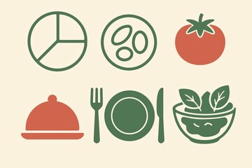 Graphic representation of culinary elements, featuring vibrant iconography of healthy food choices such as tomatoes, salad, and dining utensils enhancing dietary awareness and nutrition