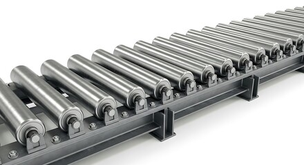 High-angle, detailed 3D render of a contemporary industrial roller conveyor belt, meticulously crafted to represent efficient material handling and automated logistics