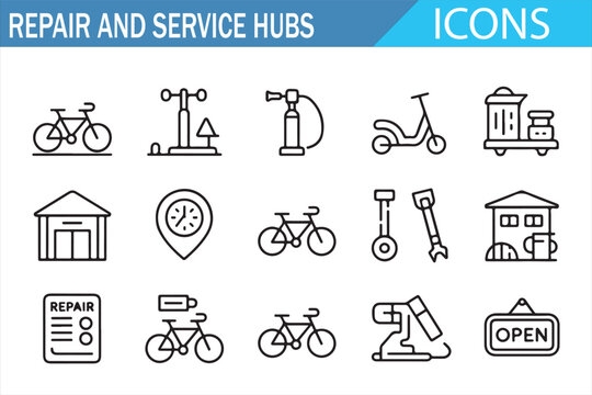 Collection of mechanical service and repair station outline symbols