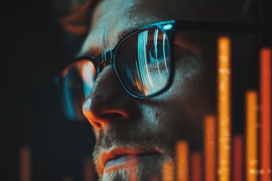 Entrepreneur with Glowing Bar Chart Reflected in Glasses, Cinematic Portrait