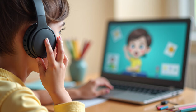 Online learning with young boy wearing headphones and using laptop for study. Boy engaged in online learning with an educational cartoon; online learning is modern style of education. - Powered by Adobe